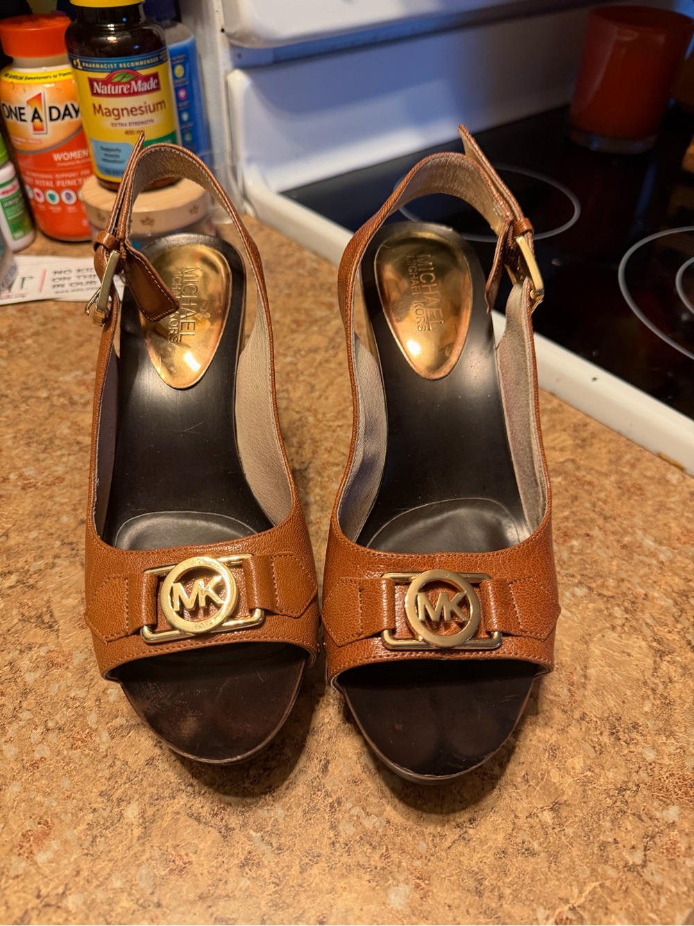 Michael Kors Tan Leather Slingback Wedge Sandals with Gold MK Accent